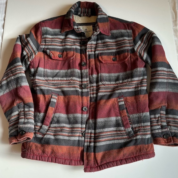 American Eagle Outfitters Other - American Eagle Men’s Sherpa Shacket Red Orange Black Gray Striped Size M EUC